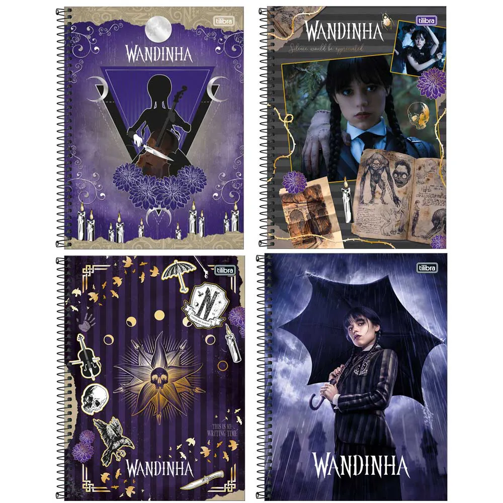 Caderno espiral capa dura universitário 10x1 160 folhas Wandinha