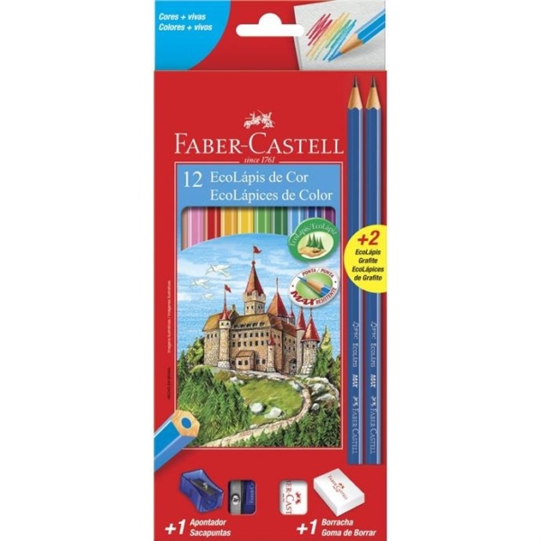 Eco Lapis de cor 12 cores + Kit com borracha e apontador