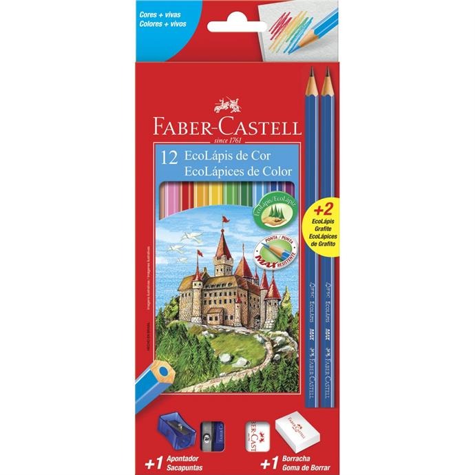 Eco Lapis de cor 12 cores + Kit com borracha e apontador
