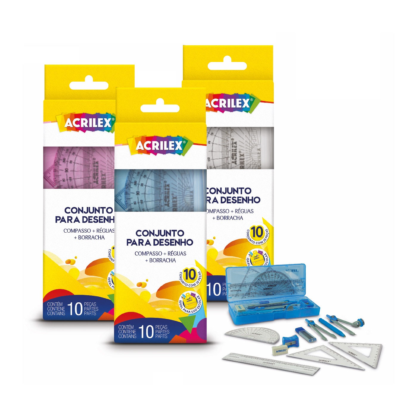 Kit Geométrico Acrilex Escolar E Desenho Réguas Compasso Preto
