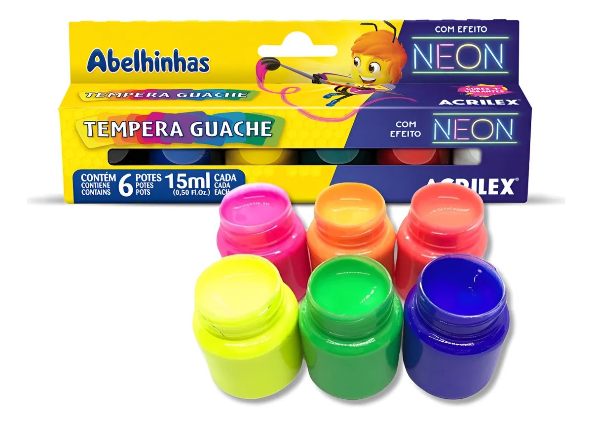 Tinta Guache Cores Neon Acrilex Com 6 Potes De 15ml