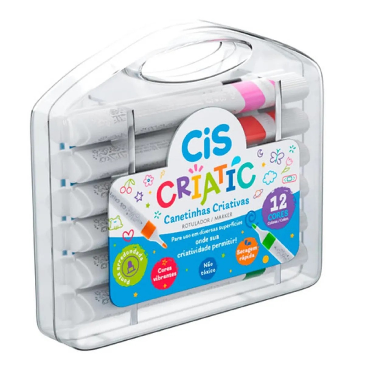 Marcadores Canetinha acrilica Infantil Estojo 12 Cores Cis criatic