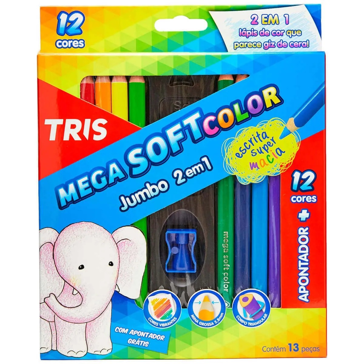 Lápis de Cor Tris Jumbo Mega Soft Color 12 Cores